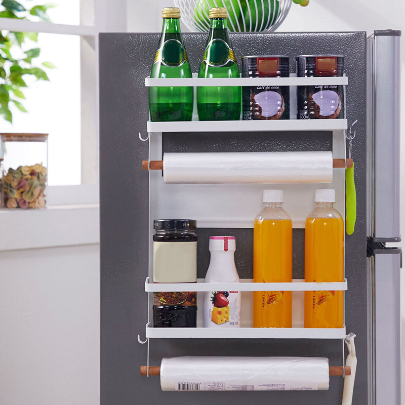 Carbon Steel Storage Rack Fridge Magnetic Folding Shelf with Wooden Rod Size L