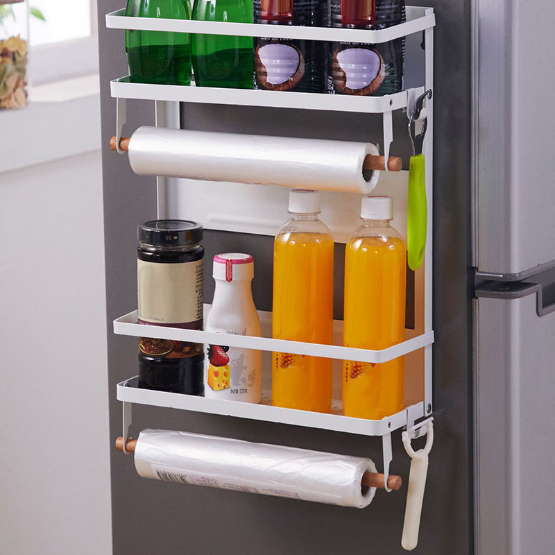 Carbon Steel Storage Rack Fridge Magnetic Folding Shelf with Wooden Rod Size L
