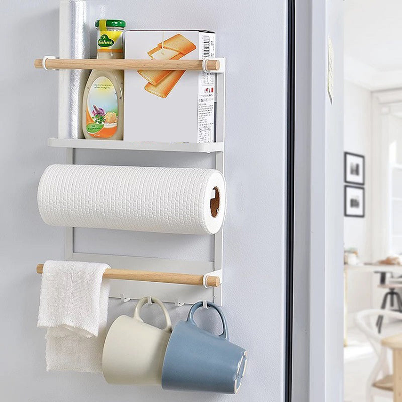 Iron+Wood Magnetic Refrigerator Storage Shelf Kitchen Tools Hanging Storage Rack