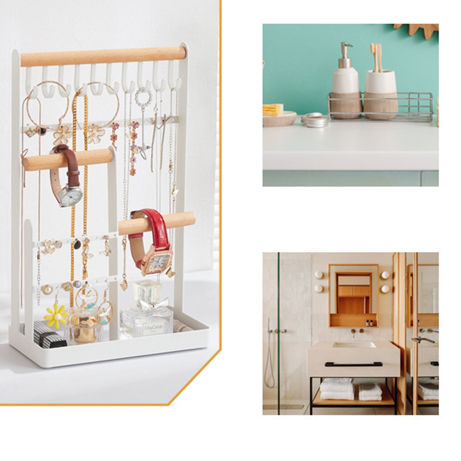 Iron+Wood Jewelry Organizer Stand Necklace Storage Rack Display Tower