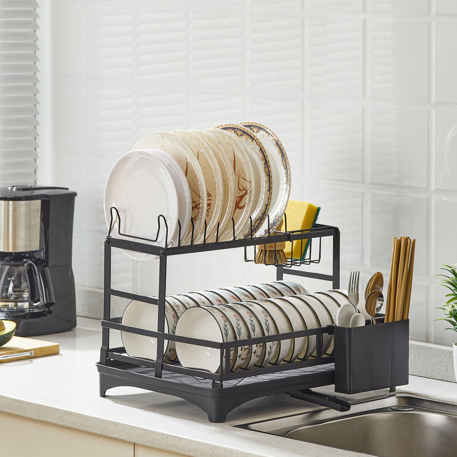 Dish Drying Rack Dish Drainer Bowl Holder with Drainboard Chopstick Rack