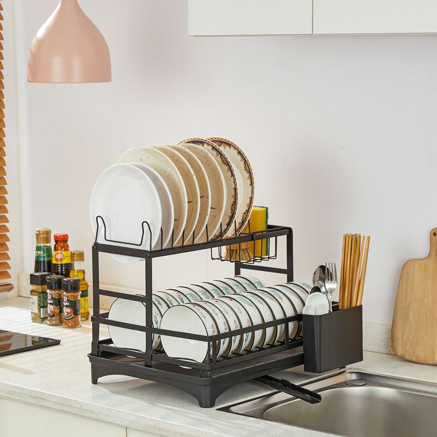 Dish Drying Rack Dish Drainer Bowl Holder with Drainboard Chopstick Rack