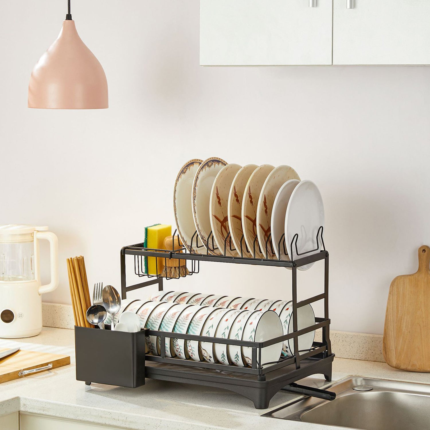 Dish Drying Rack Dish Drainer Bowl Holder with Drainboard Chopstick Rack