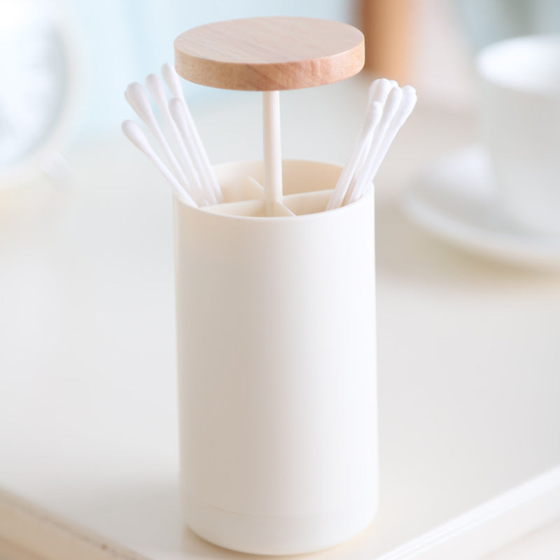 Hand Press Toothpick Dispenser Box PP+Beechwood Cotton Swabs Holder Can