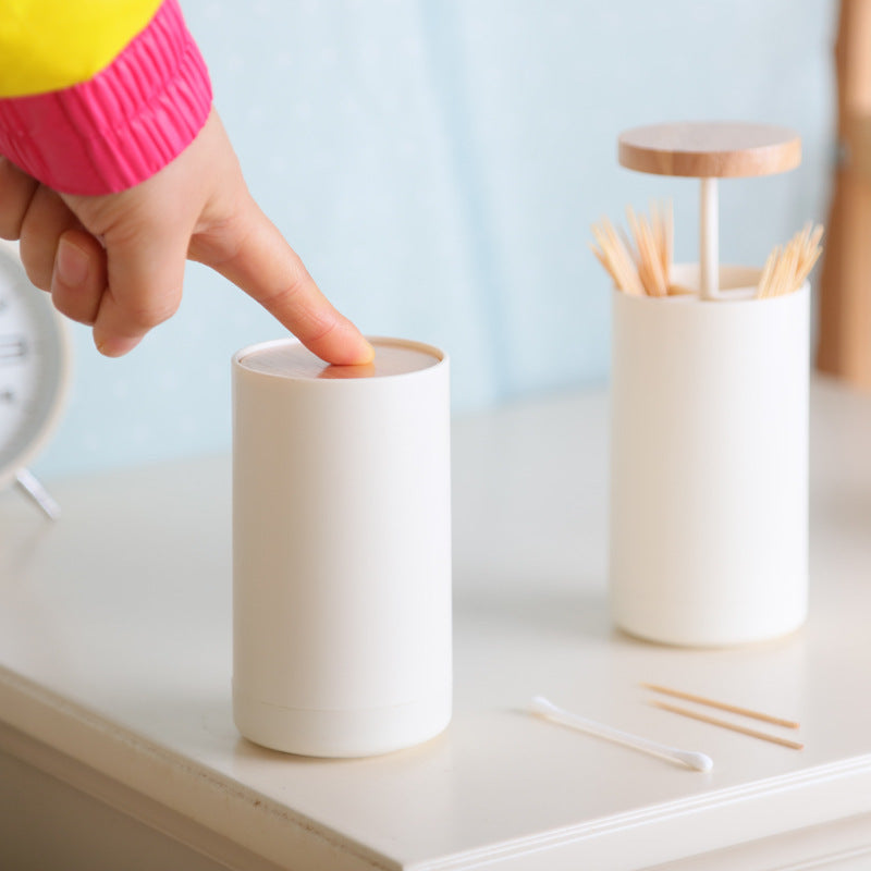 Hand Press Toothpick Dispenser Box PP+Beechwood Cotton Swabs Holder Can