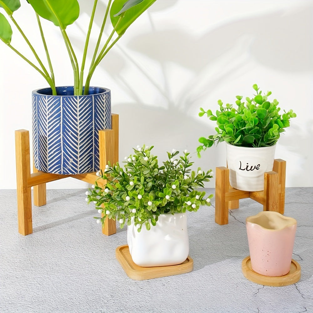 JJTZ Bamboo Floor Four Legged Flower Stand Cross-shaped Storage Shelf Planters Pots Display Rack, Size M