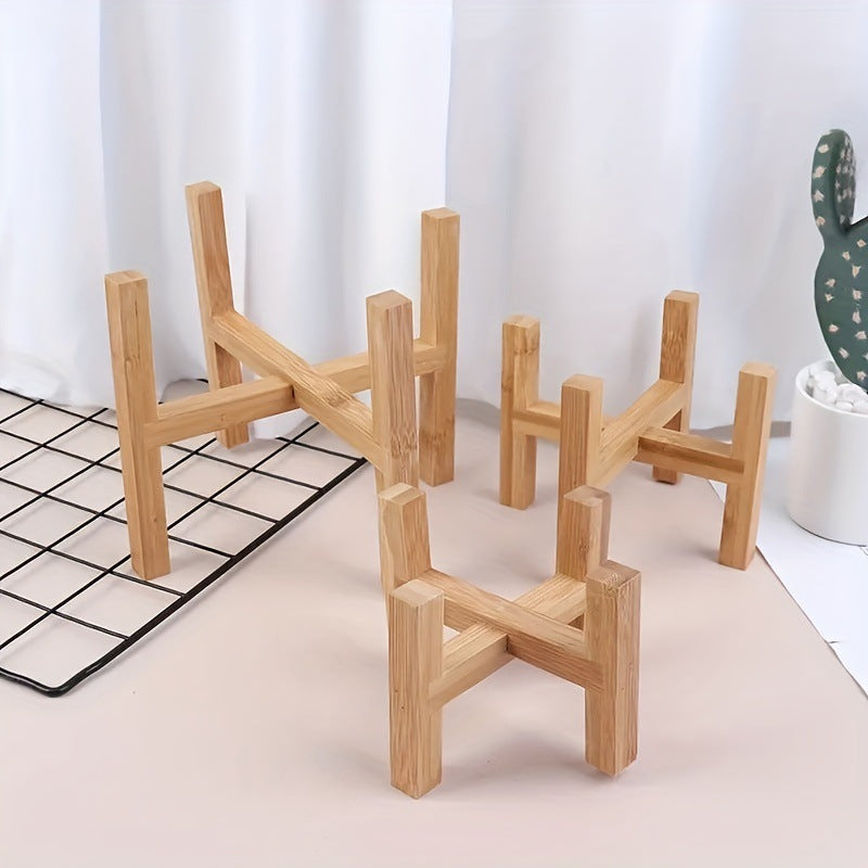 JJTZ Bamboo Floor Four Legged Flower Stand Cross-shaped Storage Shelf Planters Pots Display Rack, Size M