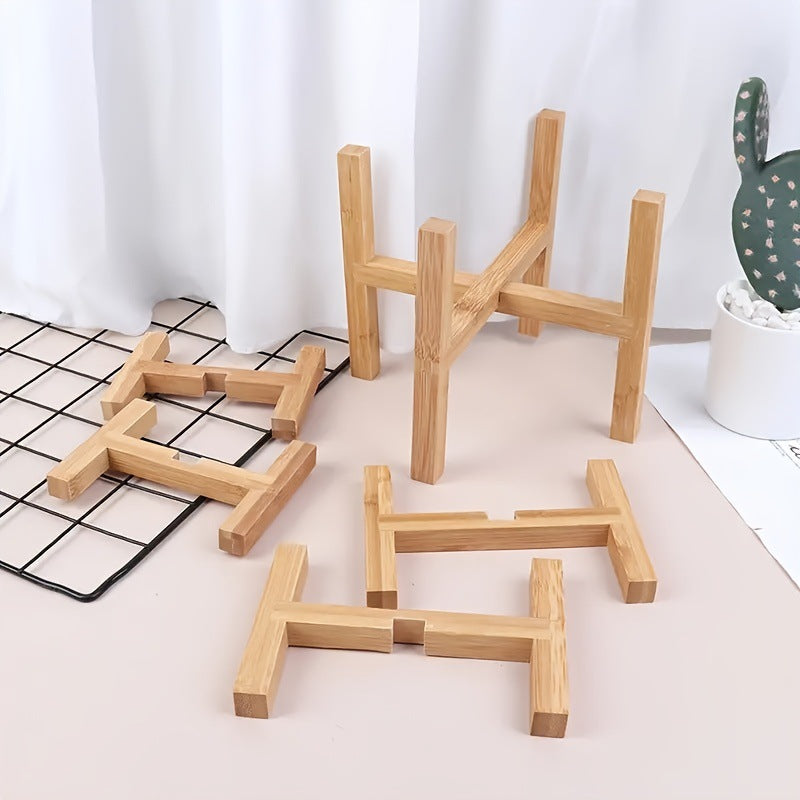 JJTZ Bamboo Floor Four Legged Flower Stand Cross-shaped Storage Shelf Planters Pots Display Rack, Size M
