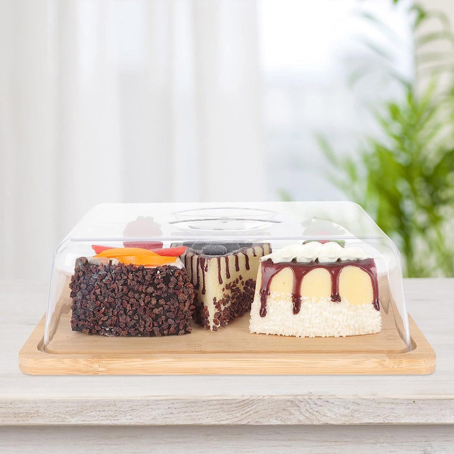 JJTZ Bamboo Rectangular Cake Try with PS Lid Cupcake Display Stand Tray Dessert Plate, Size S