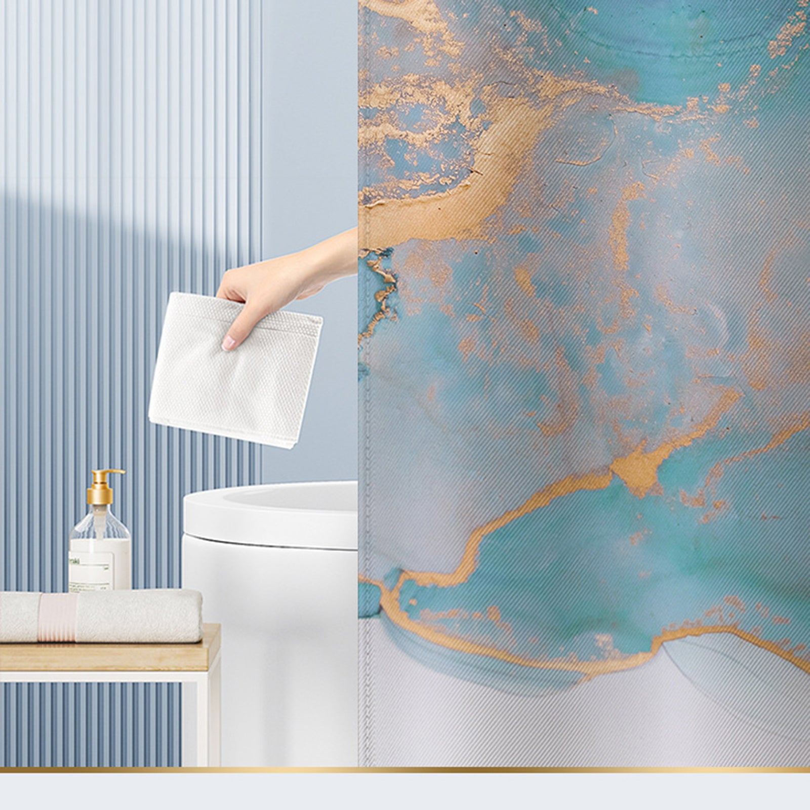 180x200cm Shower Curtain Set with Hooks 3D Marble Fabric Shower Liner Bottom Magnets