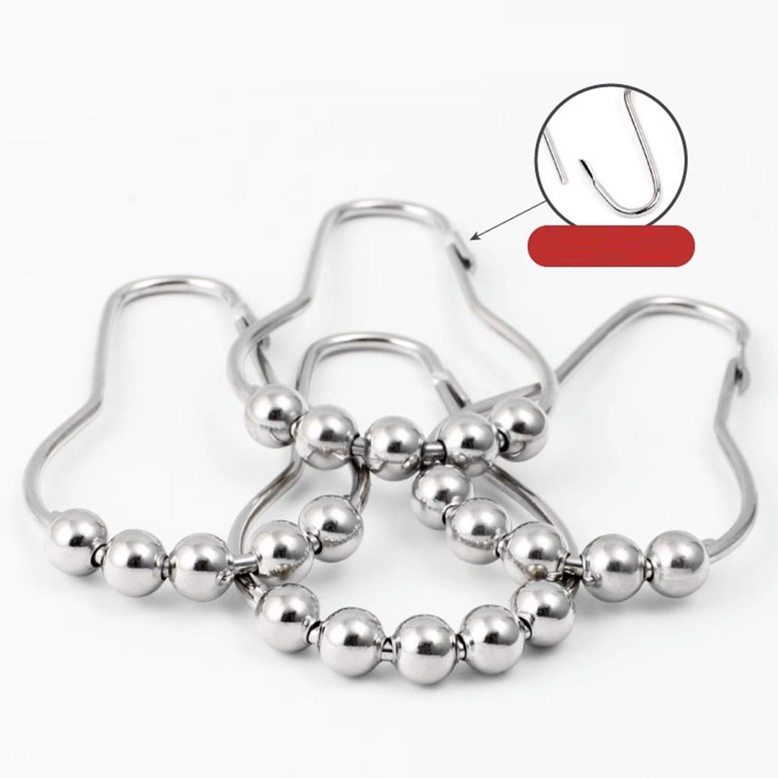 12Pcs Gourd Shaped Ring Stainless Steel 5-Beads Roller Ball Shower Curtain Hook