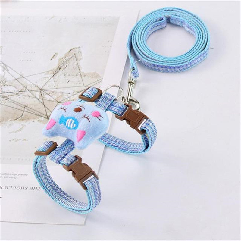 Size S Cartoon Animal Design Nylon Pet Harness Leash Adjustable Dog Cat Walking Lead Leash - Blue
