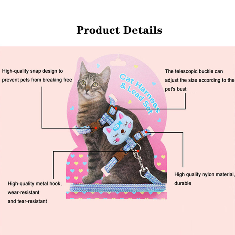 Size S Cartoon Animal Design Nylon Pet Harness Leash Adjustable Dog Cat Walking Lead Leash - Blue