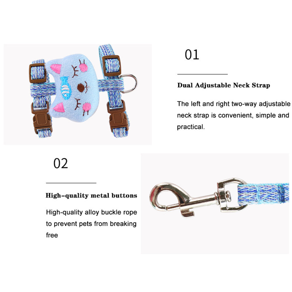 Size S Cartoon Animal Design Nylon Pet Harness Leash Adjustable Dog Cat Walking Lead Leash - Blue