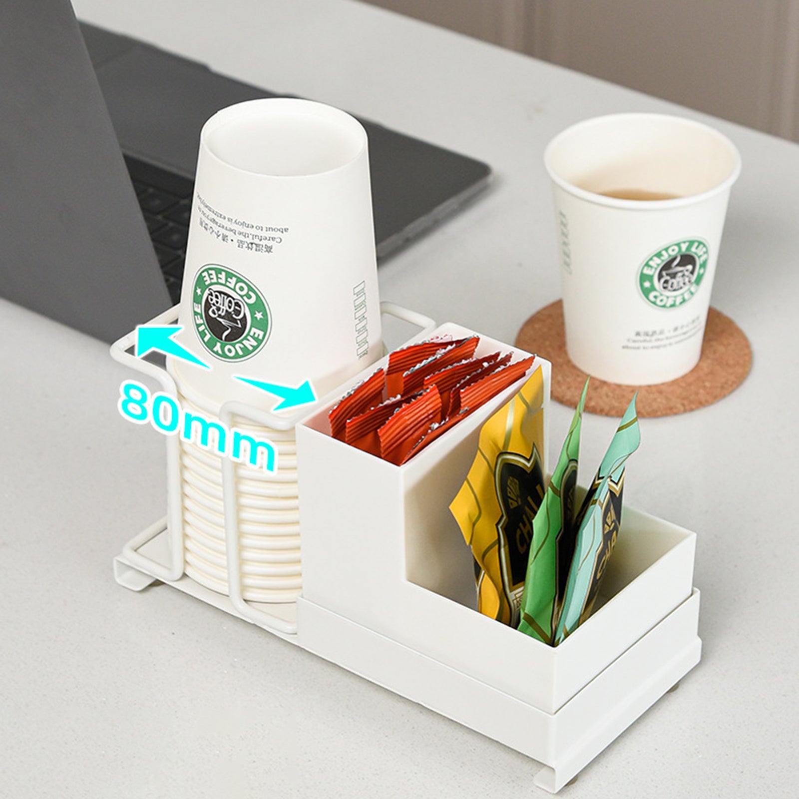 Titanium Steel+PP Desktop Disposable Paper Cup Storage Rack with Coffee Tea Bag Storage Box