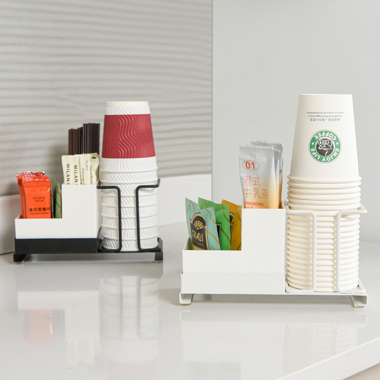 Titanium Steel+PP Desktop Disposable Paper Cup Storage Rack with Coffee Tea Bag Storage Box