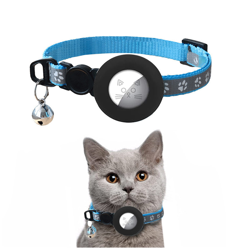 For AirTag Tracker Silicone Protective Cover Paw Print Reflective Pet Collar Strap with Bell - Blue