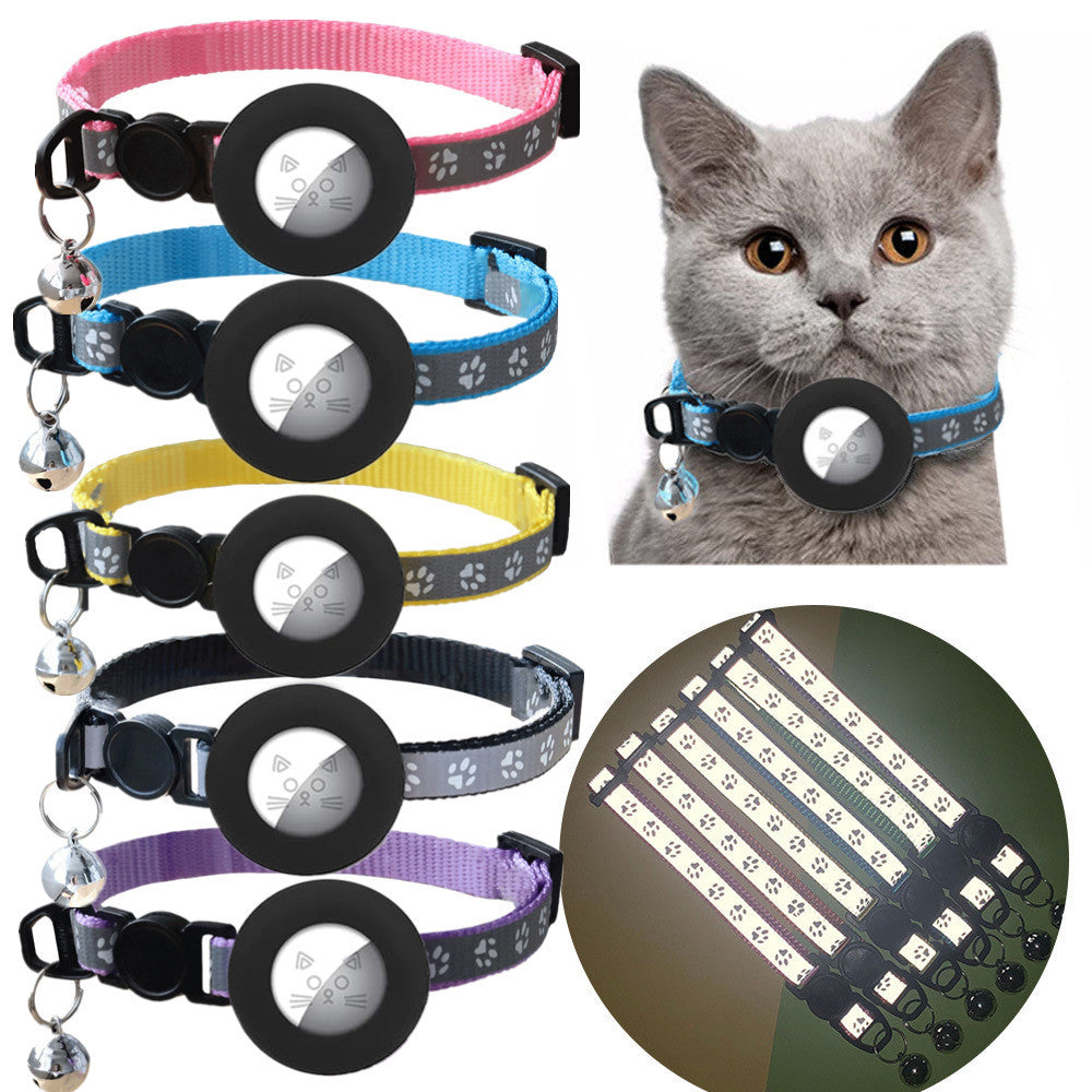 For AirTag Tracker Silicone Protective Cover Paw Print Reflective Pet Collar Strap with Bell - Blue