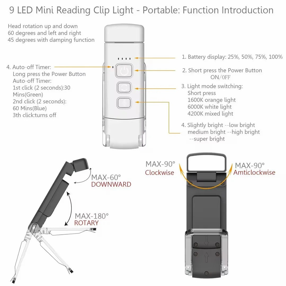 Eye Care Plastic Reading Light LED Lamp Book Light with Book Page Holder