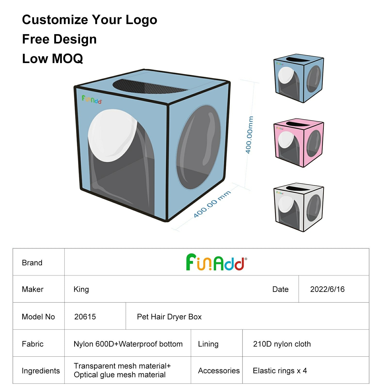 FUNADD FA2001 600D Nylon Pet Drying Box Dog Cat Hair Blowing Dry Box with Clear PVC Window