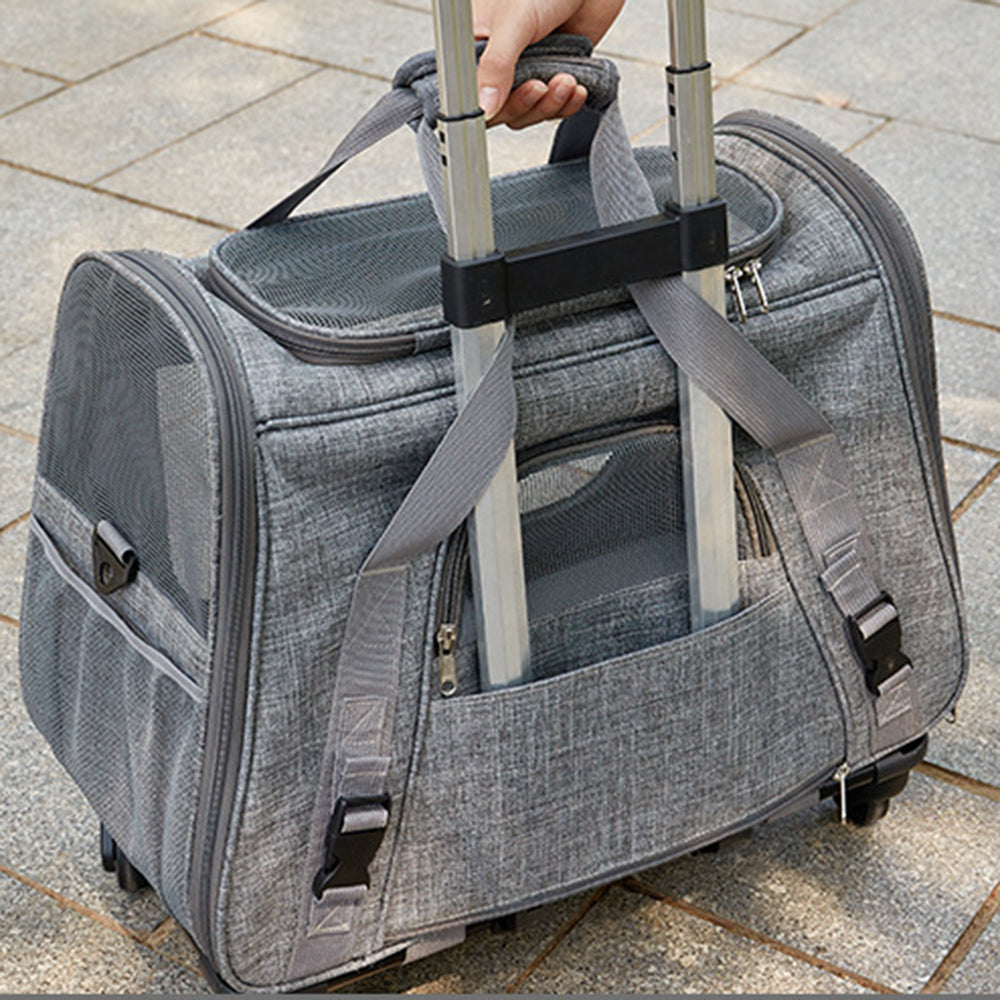 LDLC QS-008-L Pet Stroller Breathable Detachable Large Capacity Cat Dog Carrier 4-Wheels Luggage Rod Stroller, Size XL - Light Grey