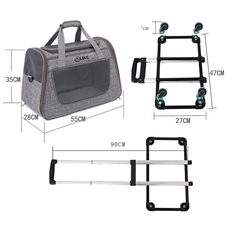 LDLC QS-008-L Pet Stroller Breathable Detachable Large Capacity Cat Dog Carrier 4-Wheels Luggage Rod Stroller, Size XL - Light Grey