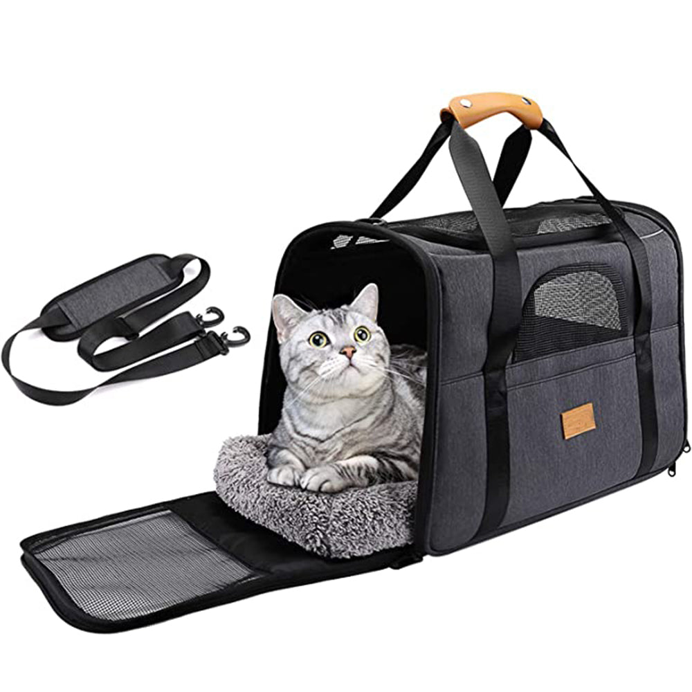 Breathable Oxford Cloth Pet Kitten Carrier Tote Bag Foldable Cat Carrying Bag with Shoulder Strap - Black
