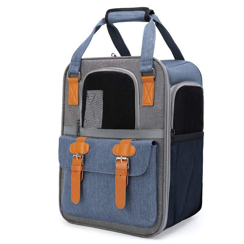 Large Pet Dog Carrier Backpack PVC + Oxford Cloth Cat Carrier Shoulders Bag Handbag with Breathable Mesh - Blue