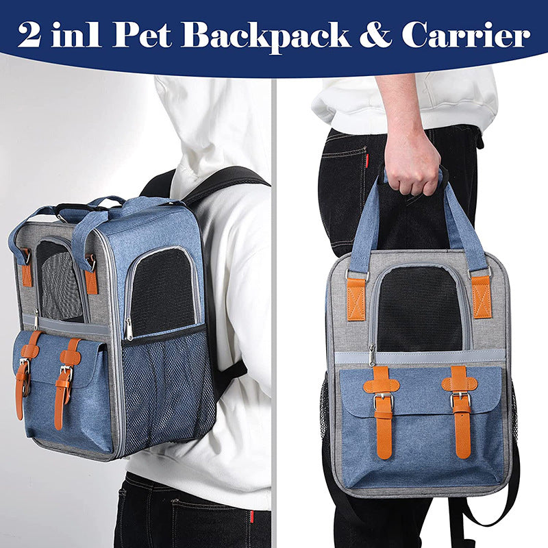 Large Pet Dog Carrier Backpack PVC + Oxford Cloth Cat Carrier Shoulders Bag Handbag with Breathable Mesh - Blue