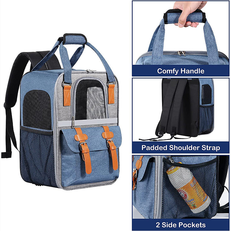 Large Pet Dog Carrier Backpack PVC + Oxford Cloth Cat Carrier Shoulders Bag Handbag with Breathable Mesh - Blue