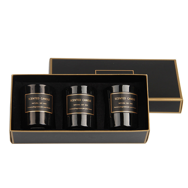 XY024 3Pcs Scented Candles Gift Set Soy Wax Aromatherapy Glass Candle Black Jar Candles - Freesia+Sage / Sea Salt+Wild Bluebell
