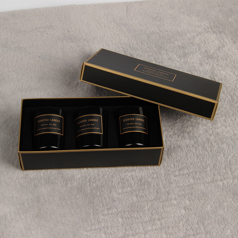 XY024 3Pcs Scented Candles Gift Set Soy Wax Aromatherapy Glass Candle Black Jar Candles - Freesia+Sage / Sea Salt+Wild Bluebell