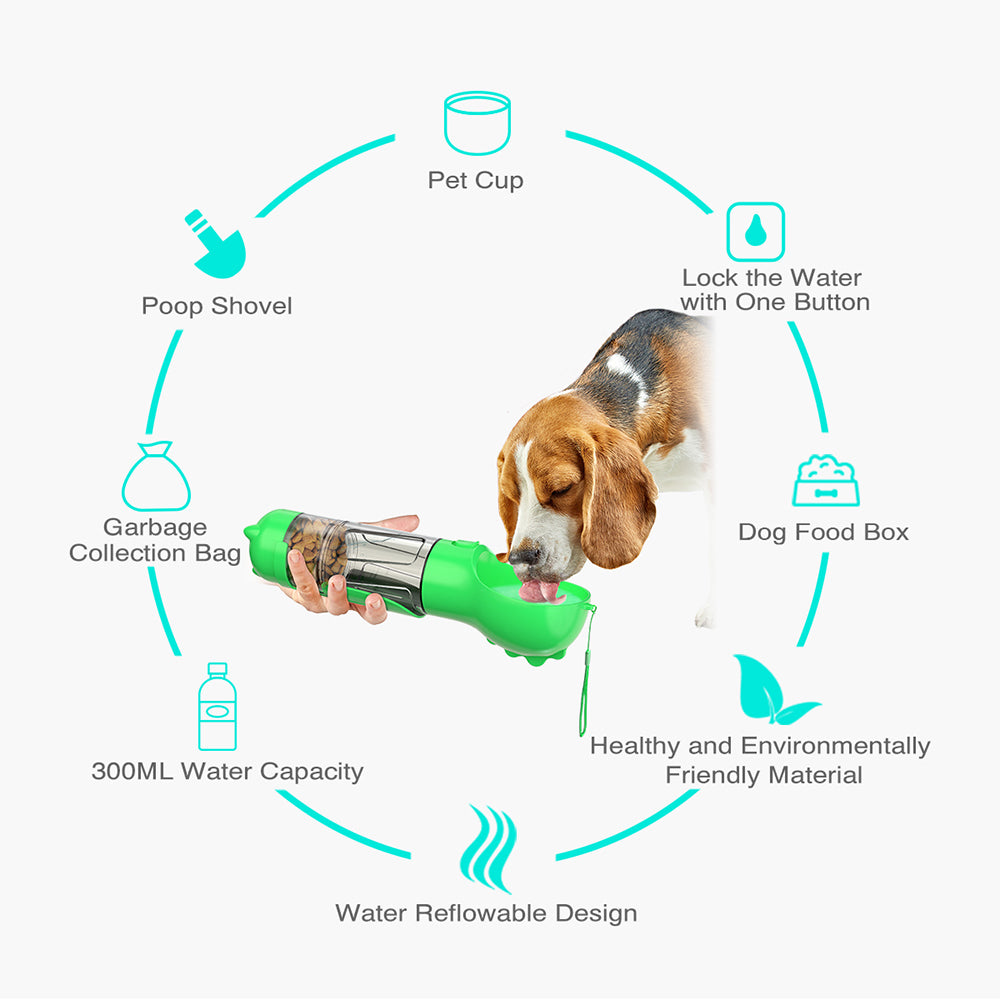 Portable Dog Water Bottle Pet Puppy Doggie Food Storage Box (BPA-Free, FDA Certified), with 300ML Water Bottle+Poop Bag Dispenser+Food Storage Box  - Green