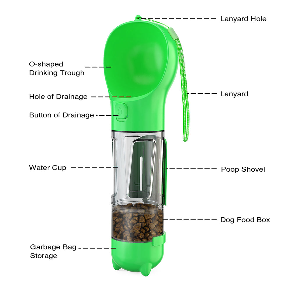 Portable Dog Water Bottle Pet Puppy Doggie Food Storage Box (BPA-Free, FDA Certified), with 300ML Water Bottle+Poop Bag Dispenser+Food Storage Box  - Green