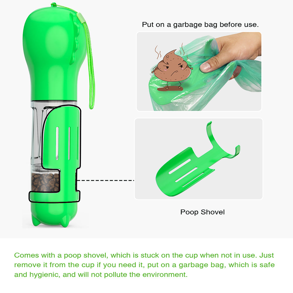 Portable Dog Water Bottle Pet Puppy Doggie Food Storage Box (BPA-Free, FDA Certified), with 300ML Water Bottle+Poop Bag Dispenser+Food Storage Box  - Green