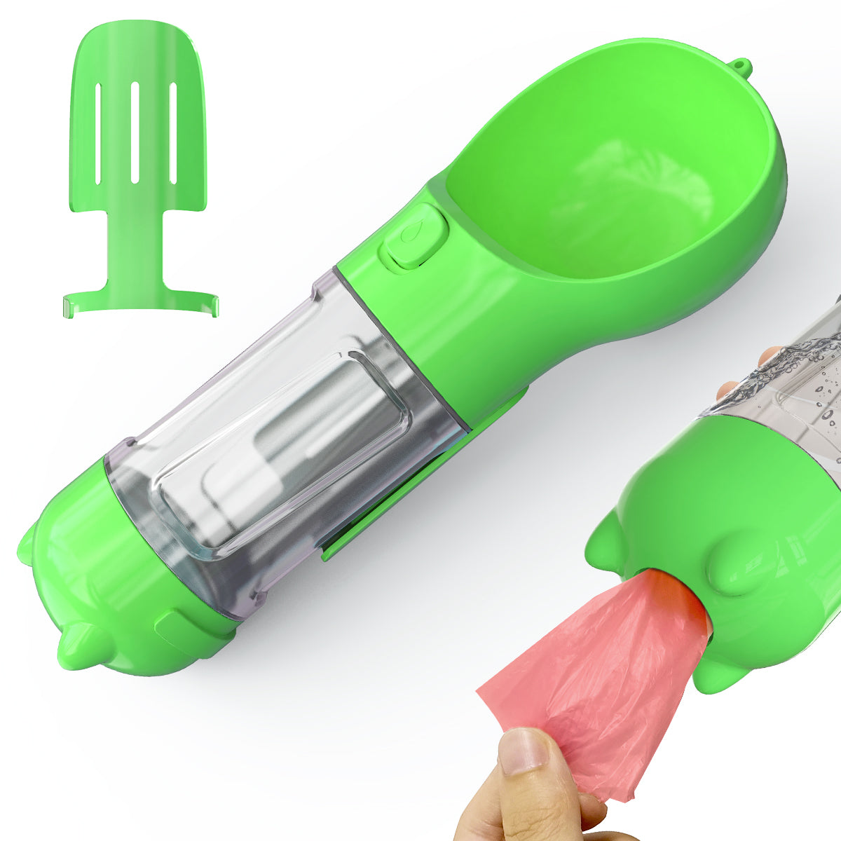 SH-01 Multifunction 300ML Dog Travel Water Bottle with Poop Dispenser Perfect for Walking, Hiking, On The Go and Car Rides Pets Drinking (BPA-Free, FDA Certified) - Green