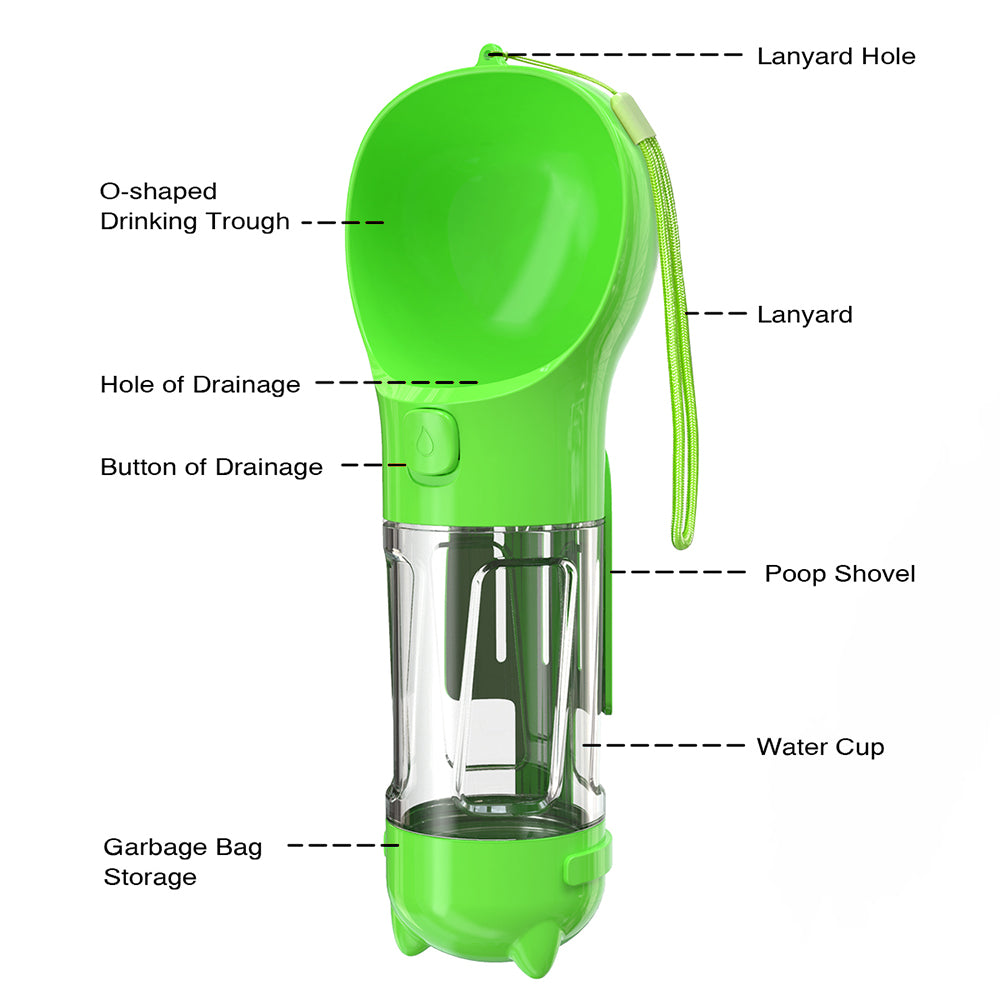 SH-01 Multifunction 300ML Dog Travel Water Bottle with Poop Dispenser Perfect for Walking, Hiking, On The Go and Car Rides Pets Drinking (BPA-Free, FDA Certified) - Green