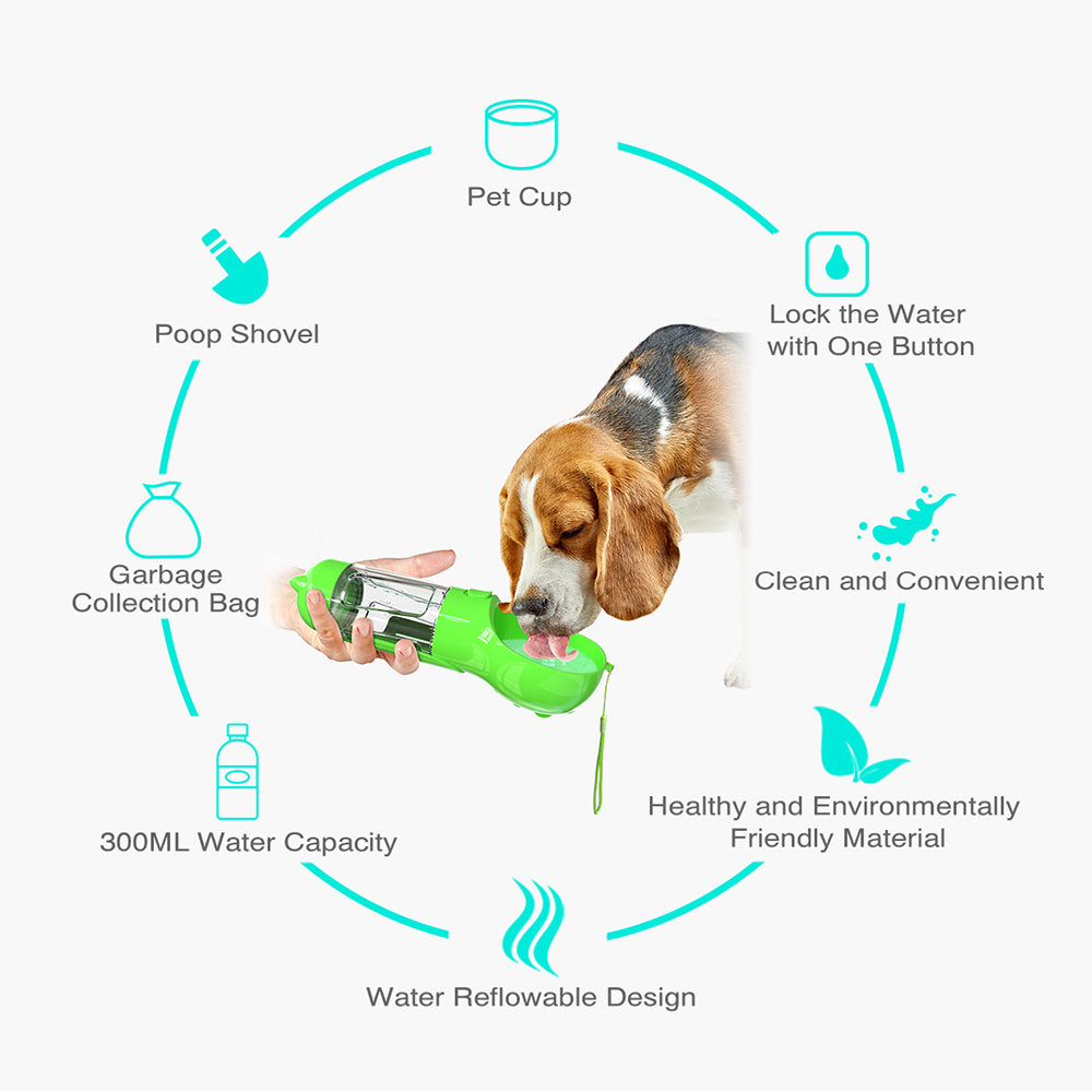 SH-01 Multifunction 300ML Dog Travel Water Bottle with Poop Dispenser Perfect for Walking, Hiking, On The Go and Car Rides Pets Drinking (BPA-Free, FDA Certified) - Green