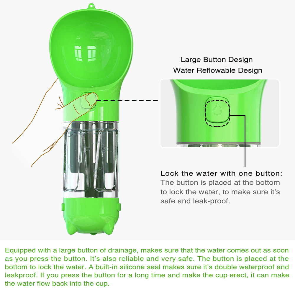 SH-01 Multifunction 300ML Dog Travel Water Bottle with Poop Dispenser Perfect for Walking, Hiking, On The Go and Car Rides Pets Drinking (BPA-Free, FDA Certified) - Green