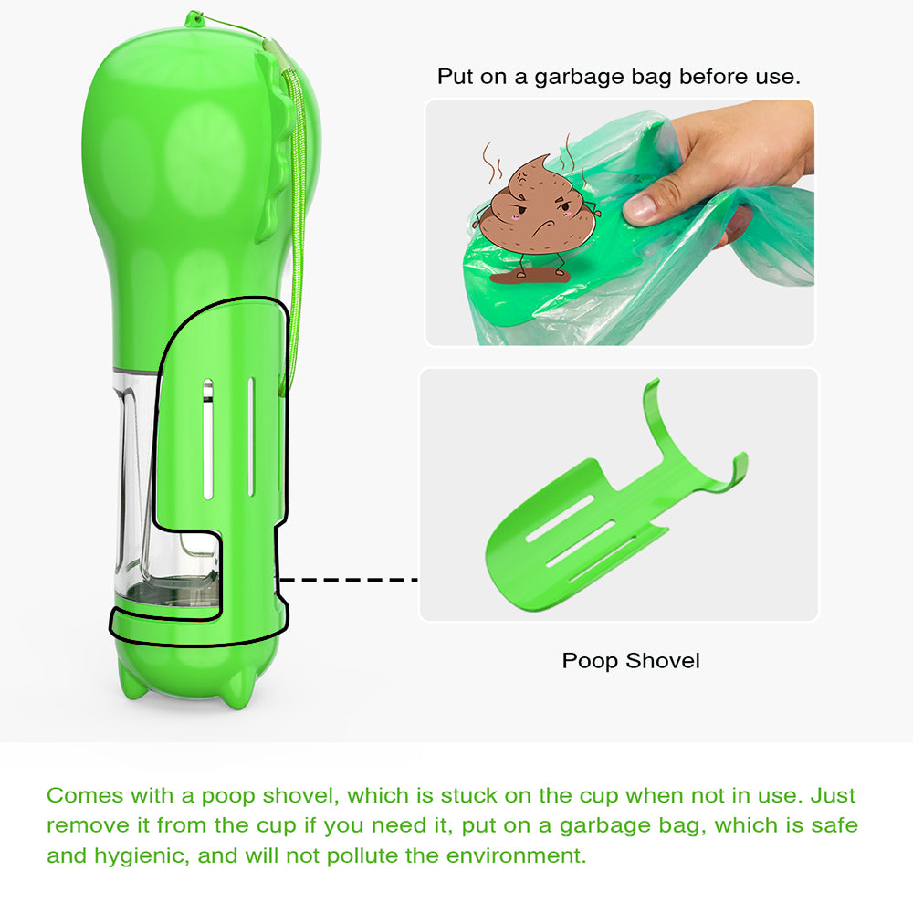 SH-01 Multifunction 300ML Dog Travel Water Bottle with Poop Dispenser Perfect for Walking, Hiking, On The Go and Car Rides Pets Drinking (BPA-Free, FDA Certified) - Green