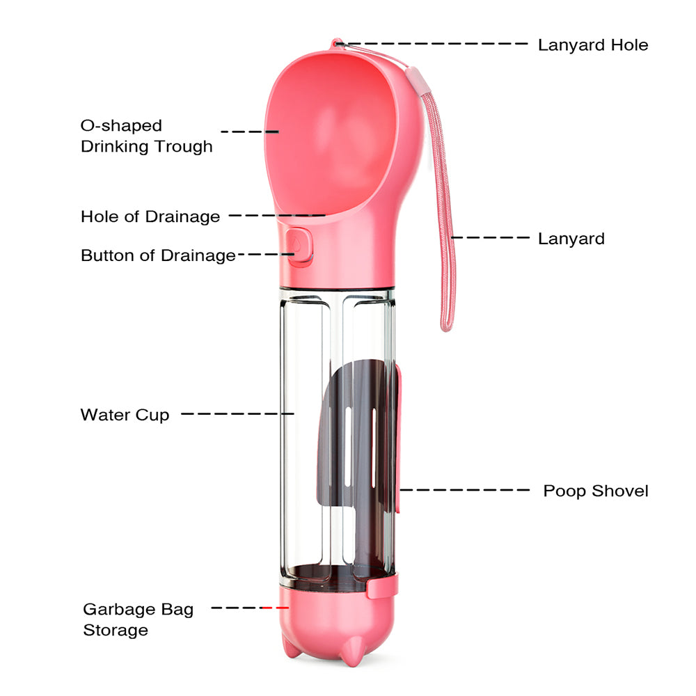 SH-01 Multifunction Pet Dog 500ML Water Bottle with Poop Bag Dispenser (BPA-Free, FDA Certified) - Pink