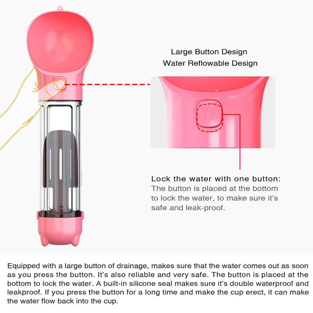 SH-01 Multifunction Pet Dog 500ML Water Bottle with Poop Bag Dispenser (BPA-Free, FDA Certified) - Pink