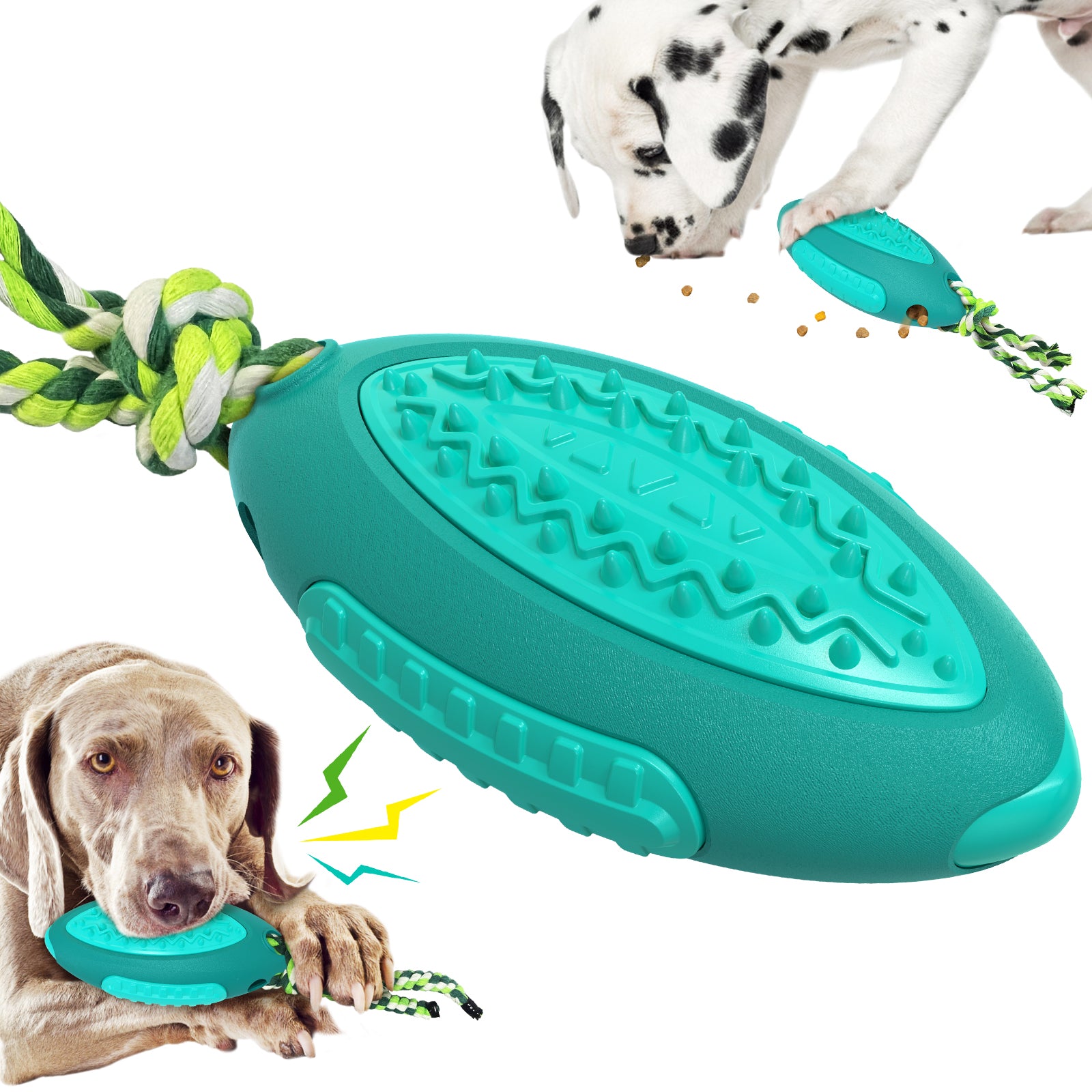 GLQ-05 Food Treat Dispensing Dogs Chew Toy TPR Pet Squeaky Toy with Sound for Dog Cleaning Teeth Rugby Ball Tool (with FDA, BPA-Free) - Lake Blue