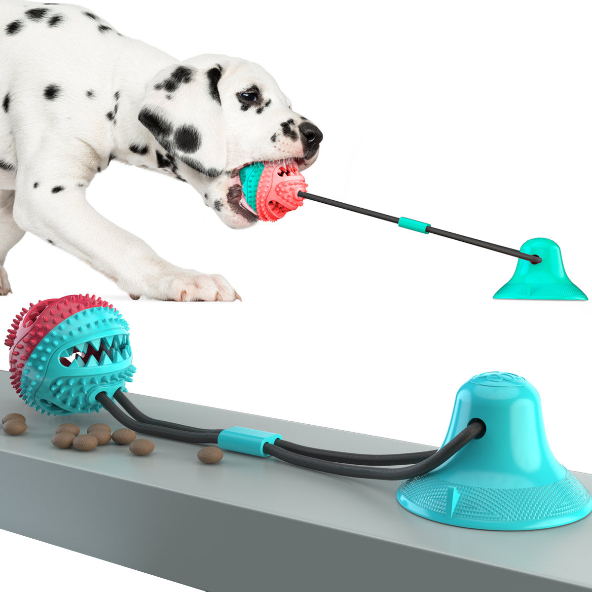 XPA01 Pulling Rope Suction Cup Ball Dog Food Dispenser TPR Dog Bite Tug-of-War Toy (BPA Free, with FDA Certificate) - Red+Blue