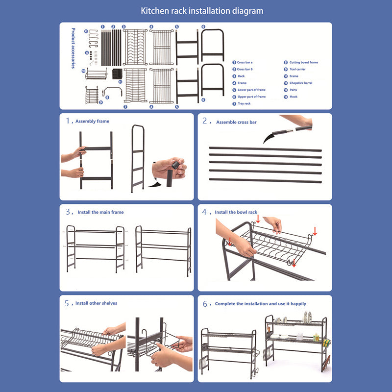 001- ZJ-LSJ1 65cm 2 Tiers Dish Drying Rack Stainless Steel Over Sink Drainer Rack Cutlery Holder
