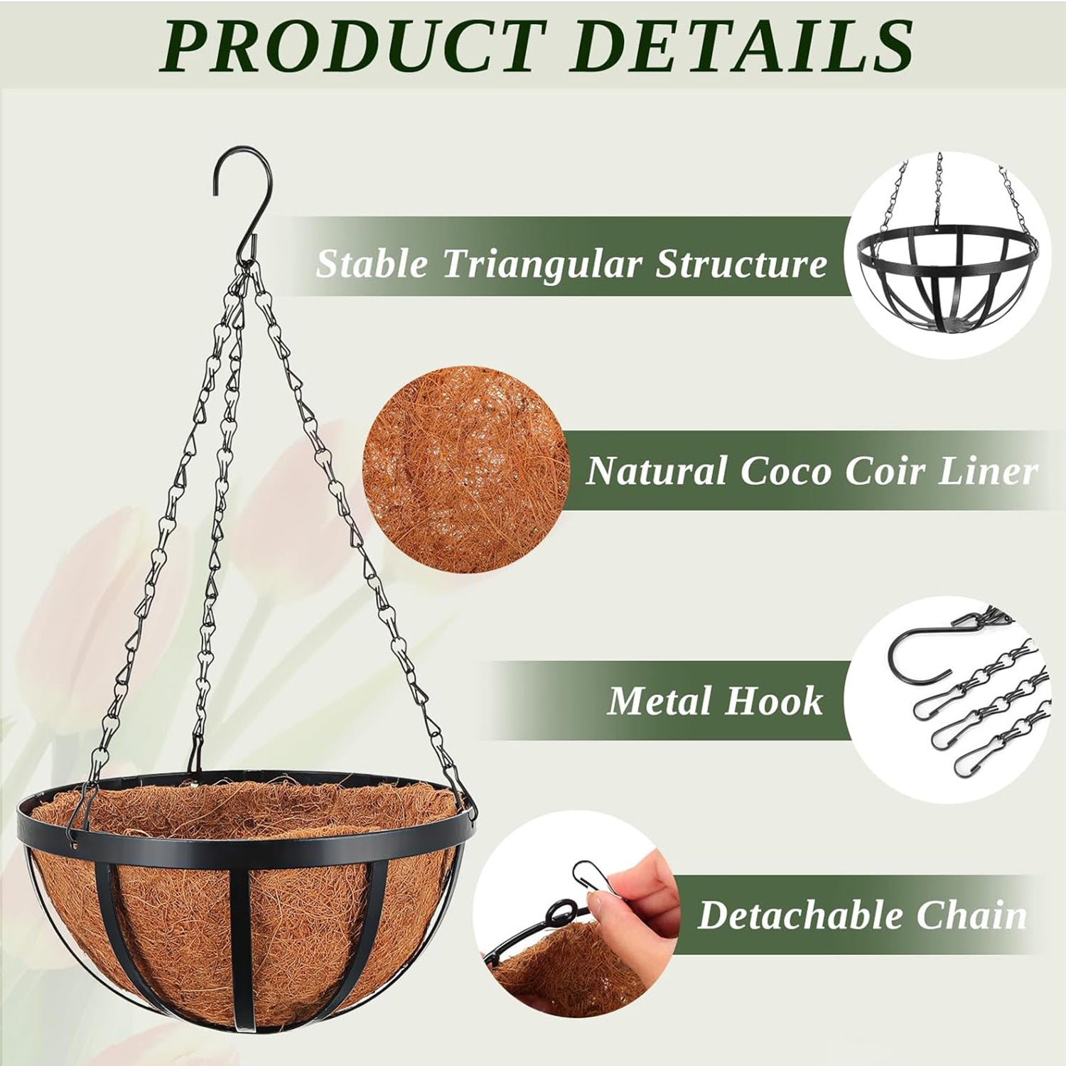 001-YZ01 12-inch Flower Pot Decorative Hanging Planter Basket with Coir Liner (Round Shape)