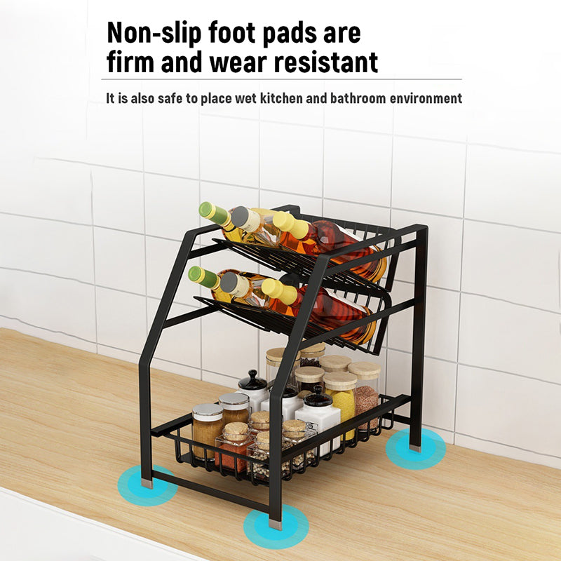 003XH-0013-1 Wrought Iron Spice Rack for Kitchen Household, 3-Tiered Storage Shelf for Seasoning Ingredients, Black