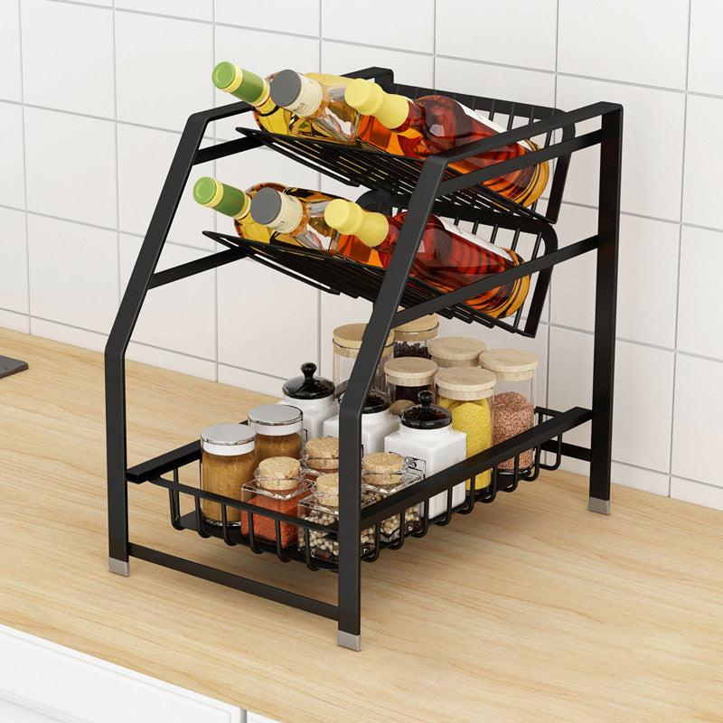 003XH-0013-1 Wrought Iron Spice Rack for Kitchen Household, 3-Tiered Storage Shelf for Seasoning Ingredients, Black