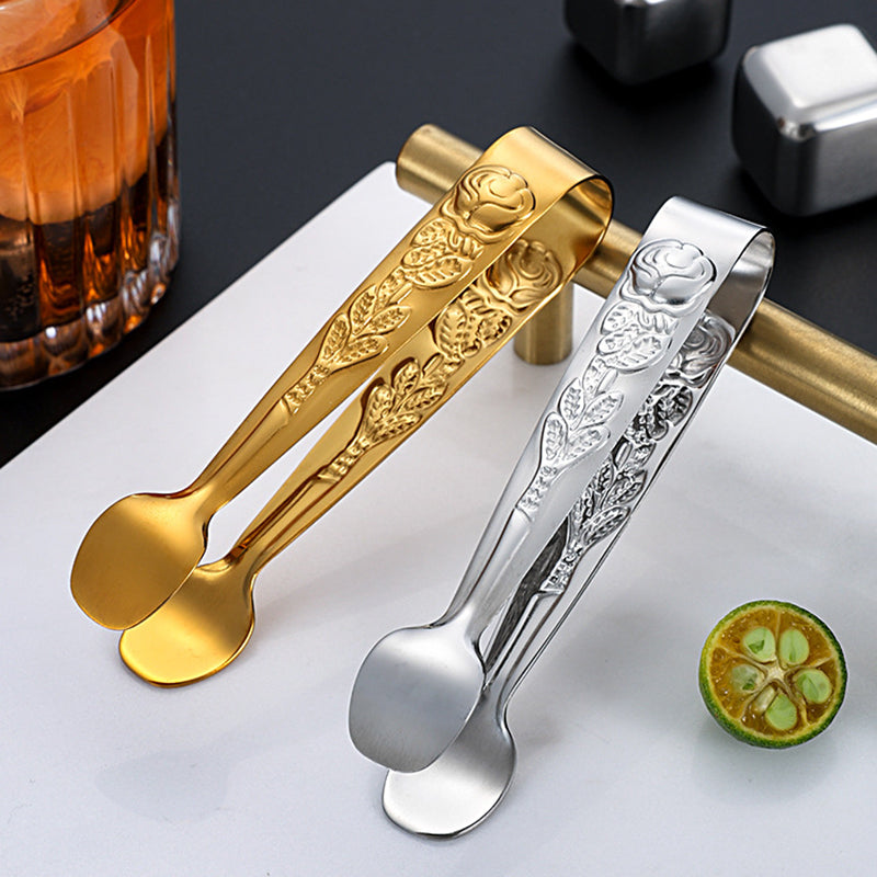 304 Stainless Steel Rose Pattern Mini Food Tongs Ice Cube Clip (BPA Free, No FDA)