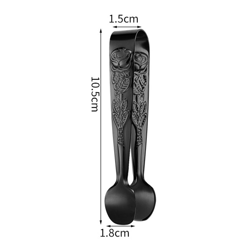Retro Rose Pattern Ice Cube Clip 304 Stainless Steel Mini Food Tongs (BPA Free, No FDA) - Black